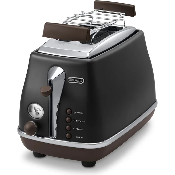 De'Longhi Toaster Icona Vintage CTOV2103.BK - 2-Schlitz-Toaster mit Brötchenaufsatz, Edelstahl in elegantem Retro Look mit Chrom-Details, schwarz (Generalüberholt)