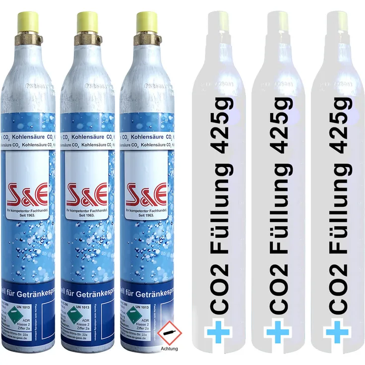 CAGO 3 x CO2 Zylinder Kohlensäure 425 g Flasche inkl. Füllung bis zu je 60l