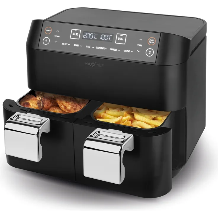 MAXXMEE 02767 Heißluftfritteuse Doppelkorb 7,6 Liter, ohne Fett, 2x 3,8 Liter Fassungsvermögen, 2400 Watt, 6 Programme, schwarz