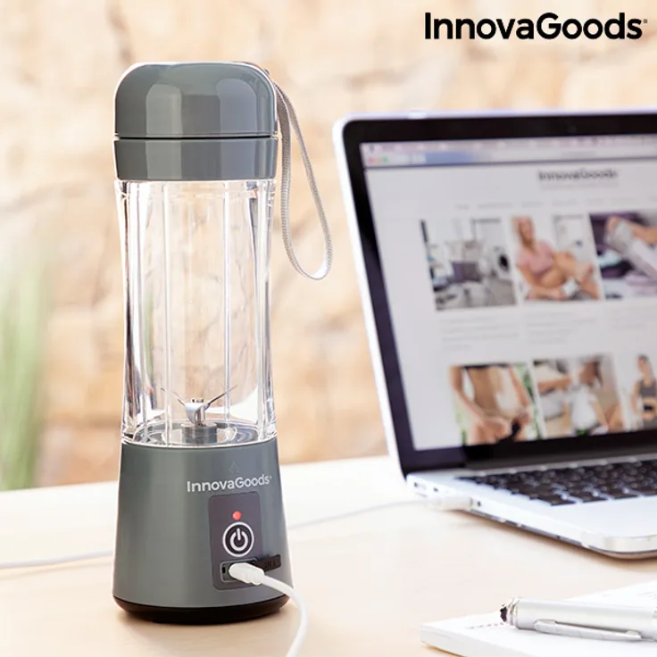 InnovaGoods wiederaufladbarer tragbarer Standmixer mit Becher, 0,38L, Tragegriff, USB-Ladung, LED-Anzeige, silber