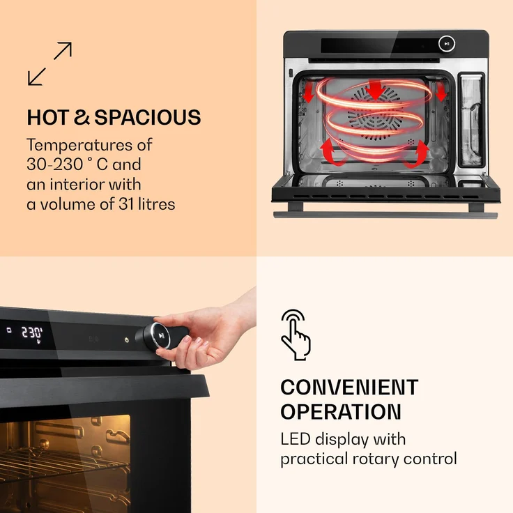 Klarstein Vaporchef Dampfbackofen, Stand-Dampfgarer, 31 Liter, 230 Grad Celsius, 1,5 Liter Wassertank, Dampfgaren: 1100 W, Backofen: 2400 W, Drehregler, Eek: A, Freistehend, Grillen, Luftfrittieren, Schwarz – Bild 4