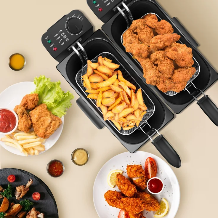 Aigostar feast Doppel-Fritteuse mit 2 Körben und Deckeln, mit Öl, 6 Liter Fassungsvermögen, 3600 Watt, Edelstahl, schwarz – Bild 8