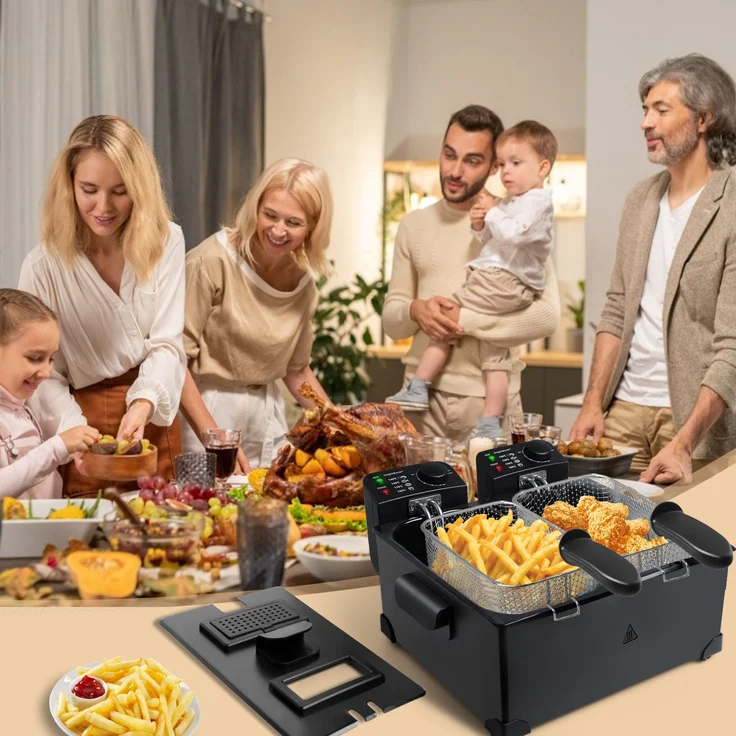 Aigostar feast Doppel-Fritteuse mit 2 Körben und Deckeln, mit Öl, 6 Liter Fassungsvermögen, 3600 Watt, Edelstahl, schwarz – Bild 7