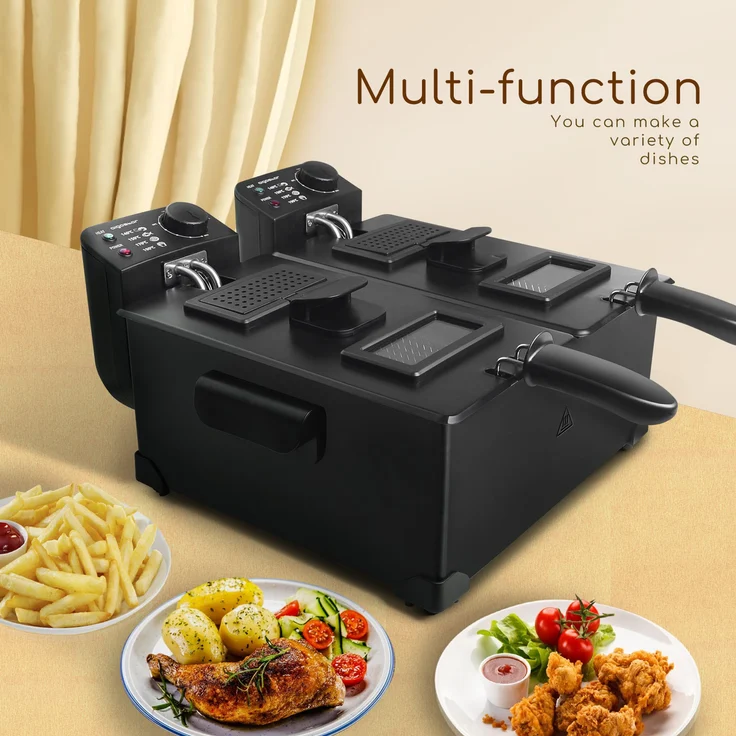 Aigostar feast Doppel-Fritteuse mit 2 Körben und Deckeln, mit Öl, 6 Liter Fassungsvermögen, 3600 Watt, Edelstahl, schwarz – Bild 9