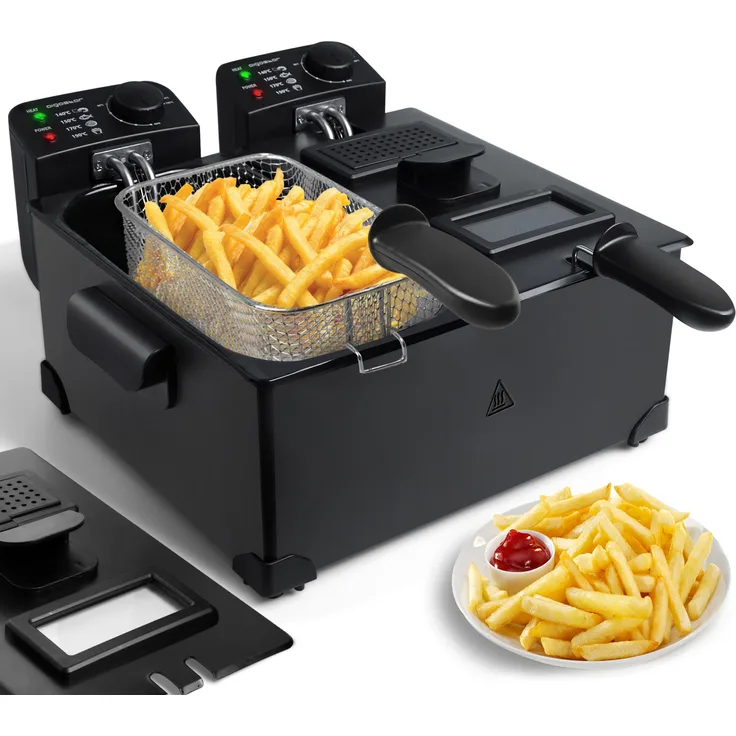 Aigostar feast Doppel-Fritteuse mit 2 Körben und Deckeln, mit Öl, 6 Liter Fassungsvermögen, 3600 Watt, Edelstahl, schwarz