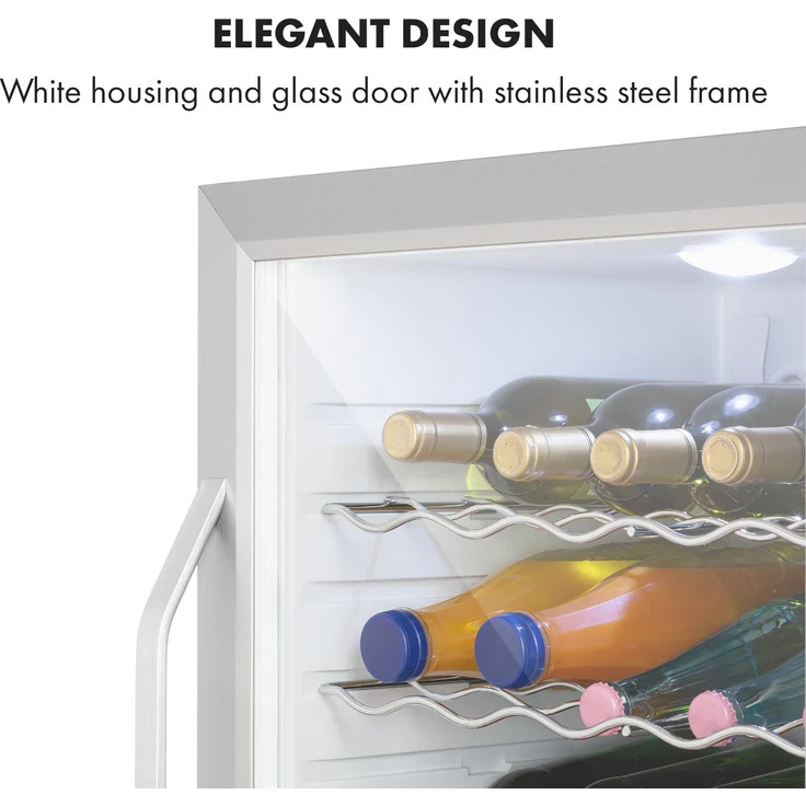 Klarstein Beersafe XL Crystal White Getränke-Kühlschrank, 60 Liter, 4 Böden, Panoramaglastür, Edelstahl, freistehend, Energieklasse D – Bild 8
