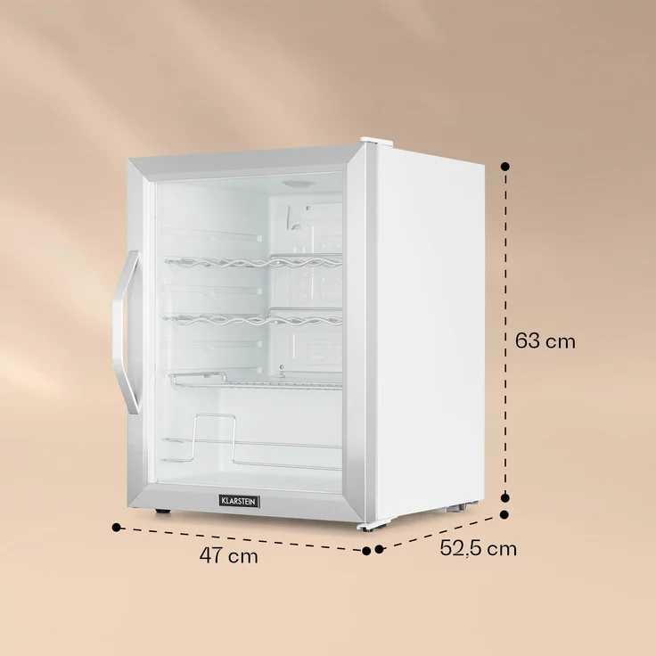 Klarstein Beersafe XL Crystal White Getränke-Kühlschrank, 60 Liter, 4 Böden, Panoramaglastür, Edelstahl, freistehend, Energieklasse D – Bild 5