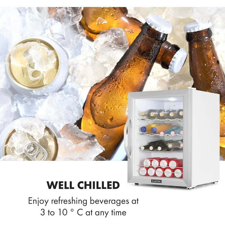 Klarstein Beersafe XL Crystal White Getränke-Kühlschrank, 60 Liter, 4 Böden, Panoramaglastür, Edelstahl, freistehend, Energieklasse D – Bild 6
