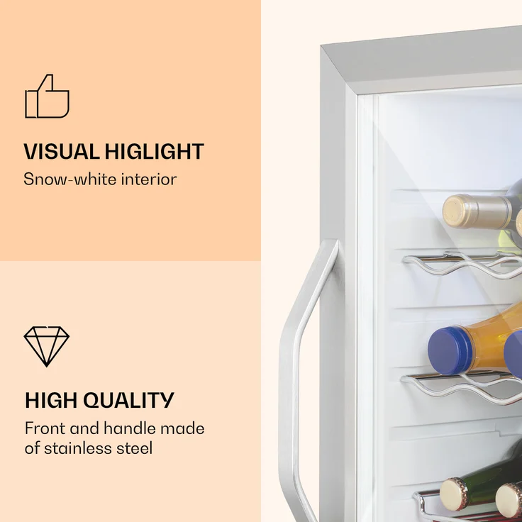 Klarstein Beersafe XL Crystal White Getränke-Kühlschrank, 60 Liter, 4 Böden, Panoramaglastür, Edelstahl, freistehend, Energieklasse D – Bild 3