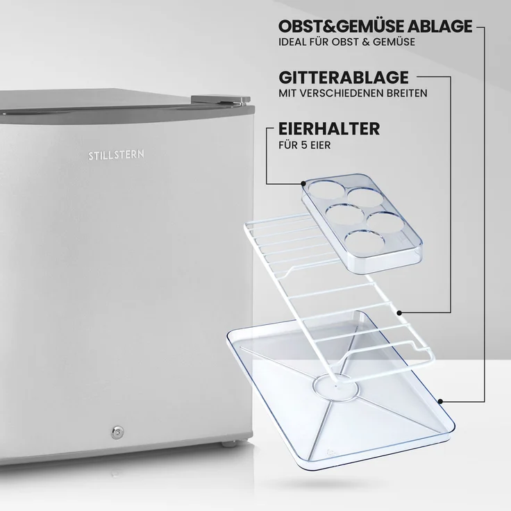 Stillstern E 45L Minikühlschrank mit Abtauautomatik, Schloss, Frostfach, leise, freistehend, Energieklasse E, Edelstahloptik – Bild 3