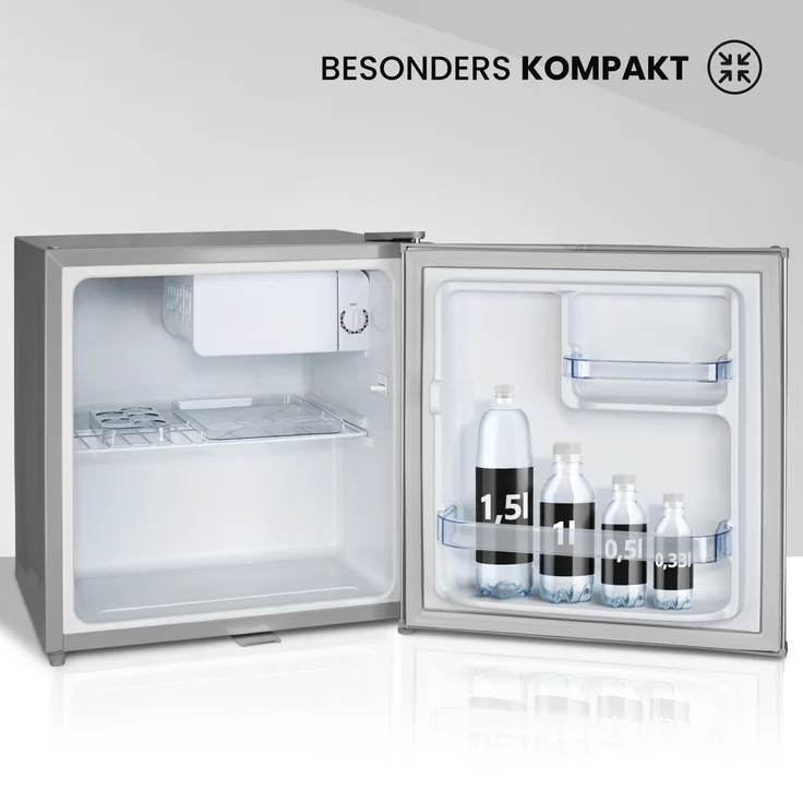 Stillstern E 45L Minikühlschrank mit Abtauautomatik, Schloss, Frostfach, leise, freistehend, Energieklasse E, Edelstahloptik – Bild 5