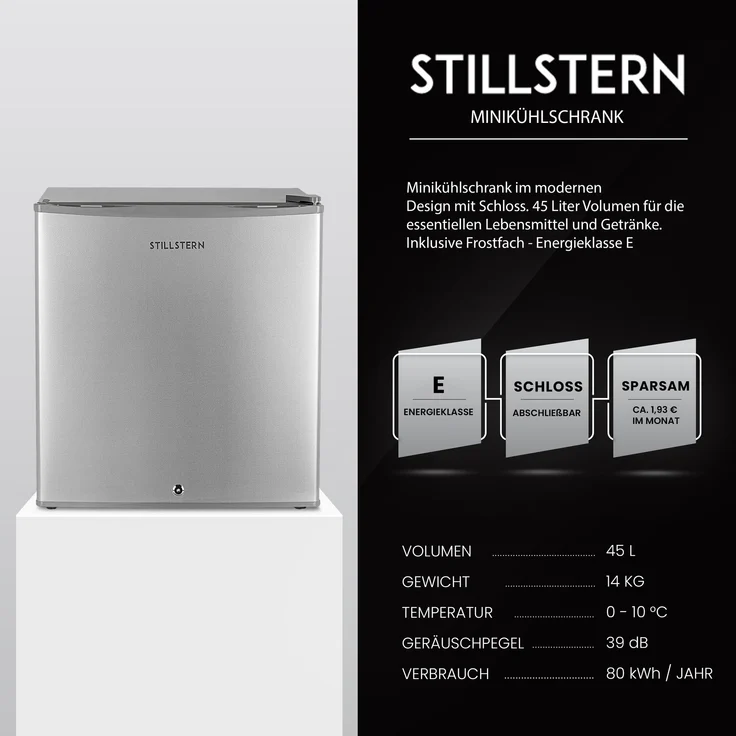 Stillstern E 45L Minikühlschrank mit Abtauautomatik, Schloss, Frostfach, leise, freistehend, Energieklasse E, Edelstahloptik – Bild 7