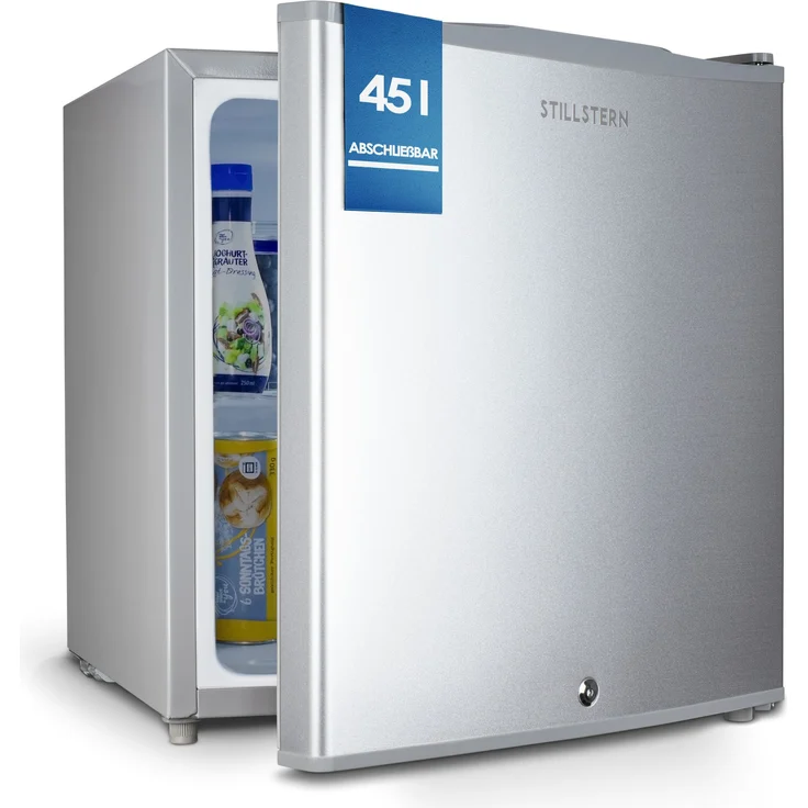 Stillstern E 45L Minikühlschrank mit Abtauautomatik, Schloss, Frostfach, leise, freistehend, Energieklasse E, Edelstahloptik – Bild 2