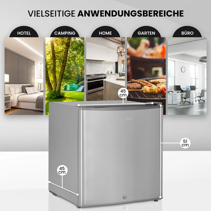 Stillstern E 45L Minikühlschrank mit Abtauautomatik, Schloss, Frostfach, leise, freistehend, Energieklasse E, Edelstahloptik – Bild 4