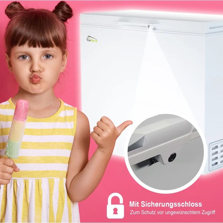 TroniTechnik Borgar 220 L Gefriertruhe, freistehend, abschließbar mit Korb und Schloss, inkl. 2x Korb, 1x Schlüssel und Licht, Breite 57 cm, Energieklasse E – Bild 5