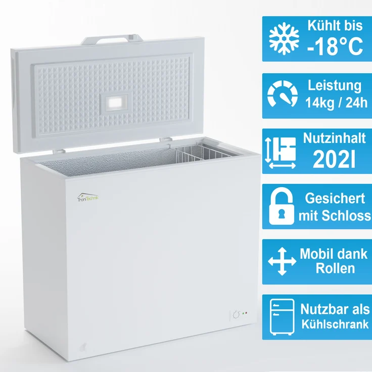 TroniTechnik Borgar 220 L Gefriertruhe, freistehend, abschließbar mit Korb und Schloss, inkl. 2x Korb, 1x Schlüssel und Licht, Breite 57 cm, Energieklasse E – Bild 2