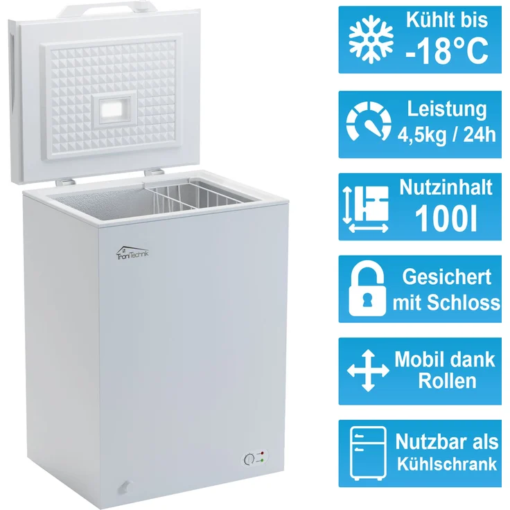 TroniTechnik Borgar 100 L Gefriertruhe, freistehend, abschließbar mit Korb, Breite 55 cm, Energieklasse E – Bild 2