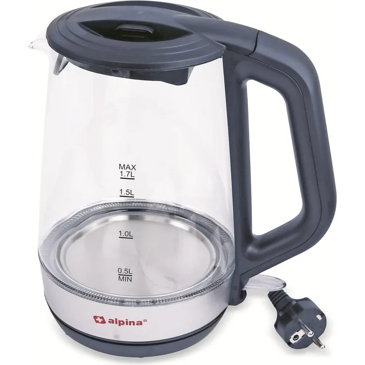 Alpina Glas-Wasserkocher 1,7 L, 2200 W, 360°-Basis, mit Wasserfilter, LED-Beleuchtung, kabellos, transparent, schwarz