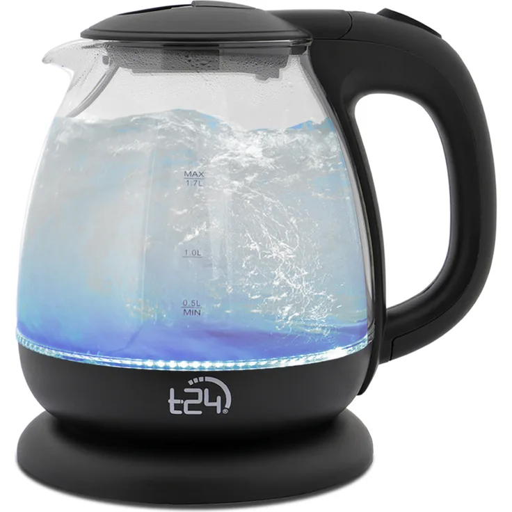 T24 Borosilikatglas Wasserkocher mit LED, 1100 Watt, 1 Liter, 360°-Basis, Glas, Edelstahl schwarz