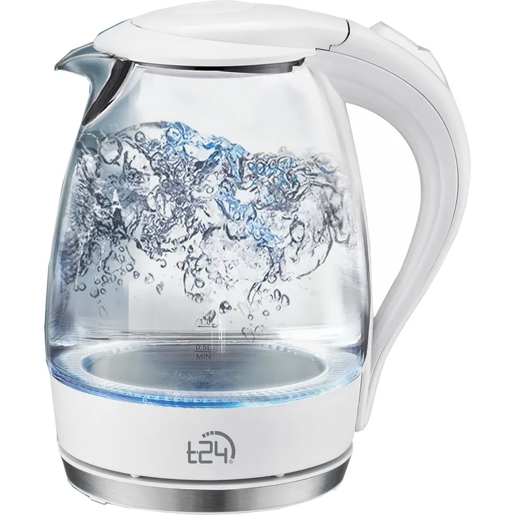 T24 Borosilikatglas Wasserkocher mit LED, 2200 Watt, 1,7 Liter, Trockenkoch- und Überhitzungsschutz, mit Filter, weiß