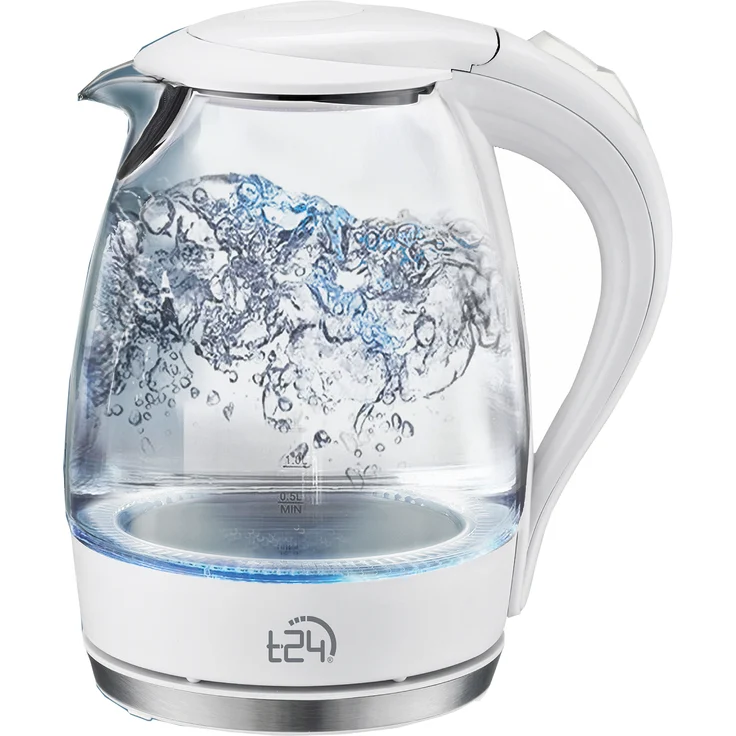 T24 Borosilikatglas Wasserkocher mit LED, 2200 Watt, 1,7 Liter, Trockenkoch- und Überhitzungsschutz, mit Filter, weiß – Bild 1