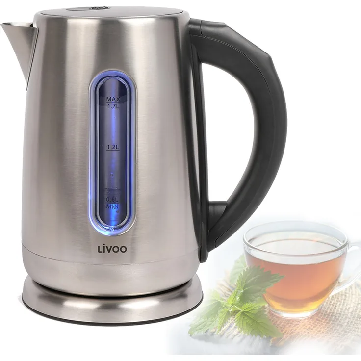 LIVOO DOD189 Wasserkocher mit Temperaturanzeige, 2200 Watt, 1,7 Liter, 360°-Basis, Temperatursteuerung 60°- 100°, Edelstahl