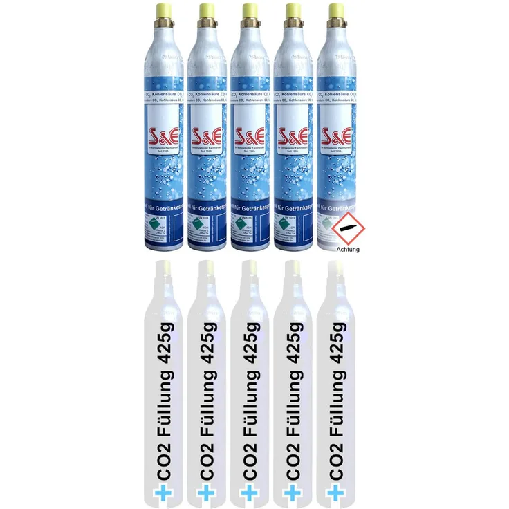 Cago 5 x CO2 Zylinder, Kohlensäure, 425 g Flasche, je für ca. 60 Liter, geeignet für SodaStream, Aarke, KitchenAid Modelle