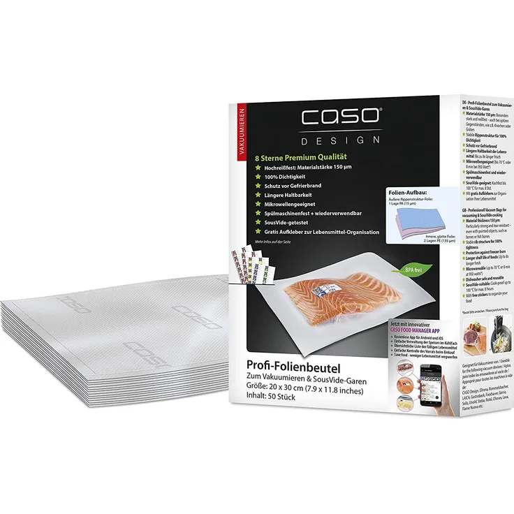 Caso 1219 Profi- Folienbeutel 20x30 cm, 50 Beutel, für alle Balken Vakuumierer, BPA-frei, sehr stark, reißfest, kochfest, Sous Vide geeignet, wiederverwendbar, für Folienschweißgeräte geeignet