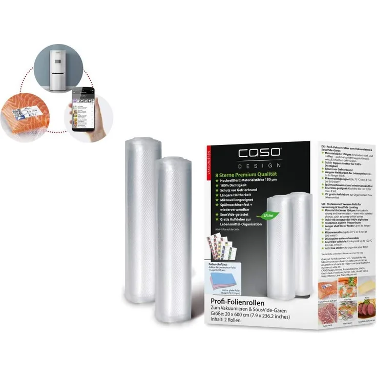 Caso Profi- Folienrollen 20x600 cm / 2 Rollen, für alle Balken Vakuumierer, BPA-frei, sehr stark, reißfest, kochfest, Sous Vide geeignet, wiederverwendbar, für Folienschweißgeräte geeignet, Kunststoff, transparent
