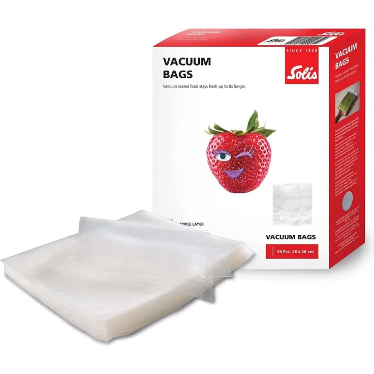 Solis 92261 Folienbeutel, 50 Beutel, 20 x 30 cm, Einschweißbeutel für Vakuumiergerät,Gefriertüren für Vakuumierer, wiederverwendbar, transparent