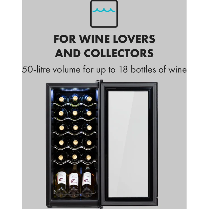 Klarstein Shiraz 18 Slim Uno Weinkühlschrank, freistehend, 50l, 18 Flaschen, Touch-Bedienfeld, 5-18°C, Schwarz – Bild 3