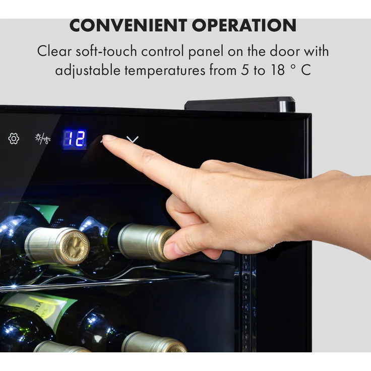 Klarstein Shiraz 28 Uno Weinkühlschrank, freistehend, 74l, 28 Flaschen, Touch-Bedienfeld, 5-18°C, Schwarz – Bild 5