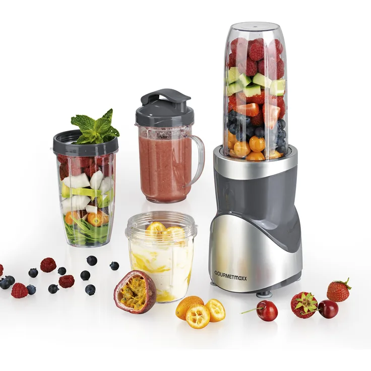 GOURMETmaxx Smoothie Maker 12-tlg., 380 W, 8 Funktionen, inkl. To-go-Deckel, grau