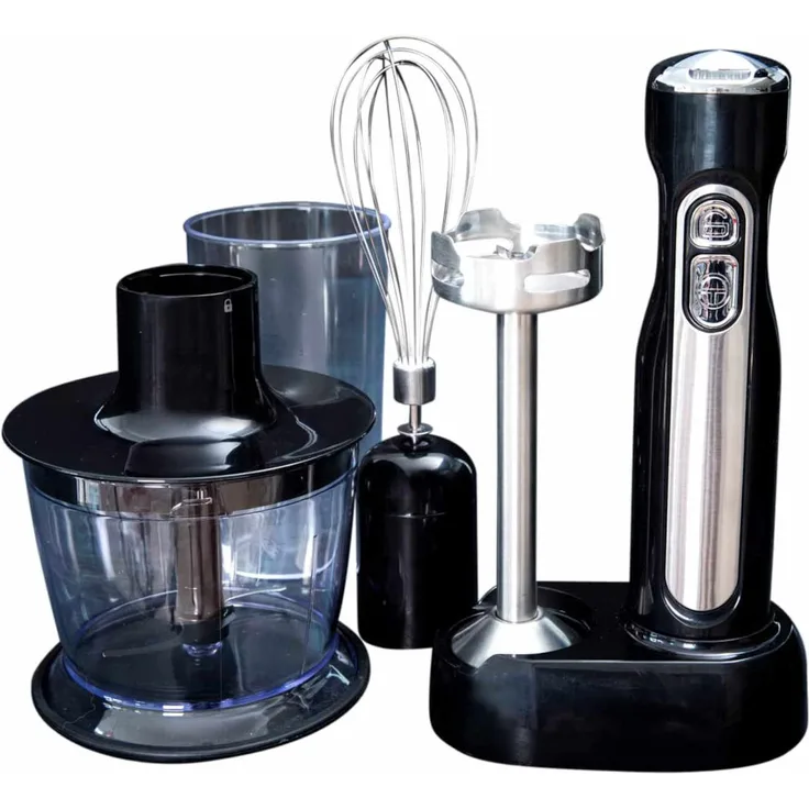 Gastronoma Stabmixer-Set 3in1 mit Akku, 100W, inkl. Zerkleinerer-Aufsatz (500ml), Mixbehälter (700ml), Schneebesen, schwarz
