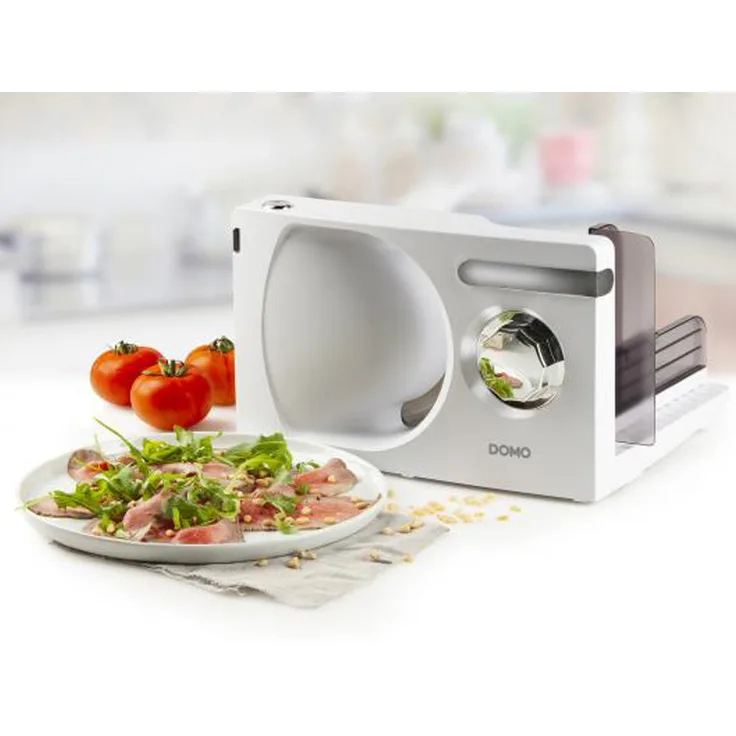 Domo DO523S Allesschneider, klappbar, 120W, freitragend, Kunststoff, 170 mm Wellenschliffmesser, Sicherheitsschalter, 15 mm Schnittstärke, weiß