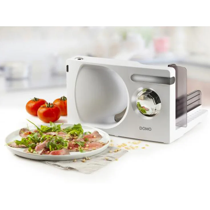 Domo DO523S Allesschneider, klappbar, 120W, freitragend, Kunststoff, 170 mm Wellenschliffmesser, Sicherheitsschalter, 15 mm Schnittstärke, weiß – Bild 1