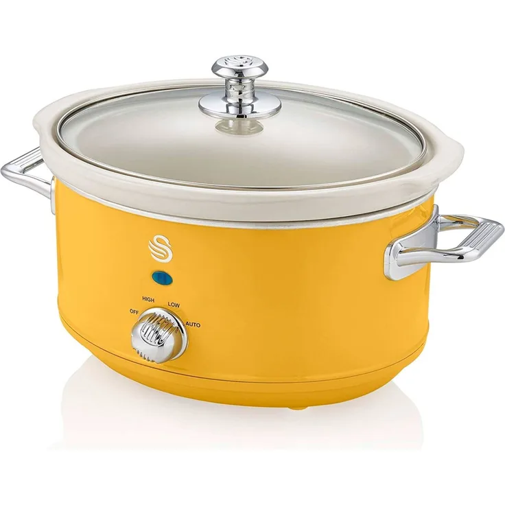 Swan SF17021 Retro Slow Cooker, Schongarer, 200W, 3,5L, 3 Programme, Keramik, oval, gelb