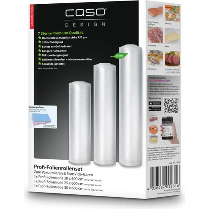 Caso 1231 Profi Folienset zum Vakuumieren, mikrowellengeeignetm, Schutz vor Gefrierbrand, transparent