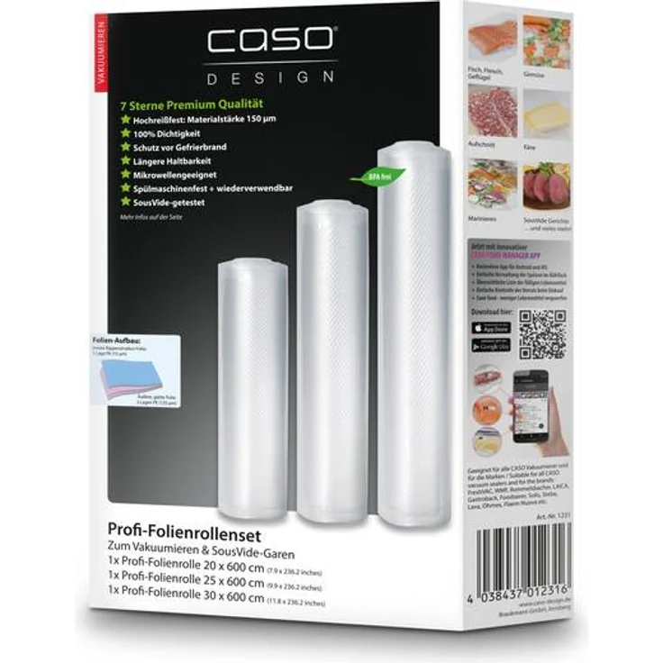 Caso 1231 Profi Folienset zum Vakuumieren, mikrowellengeeignetm, Schutz vor Gefrierbrand, transparent