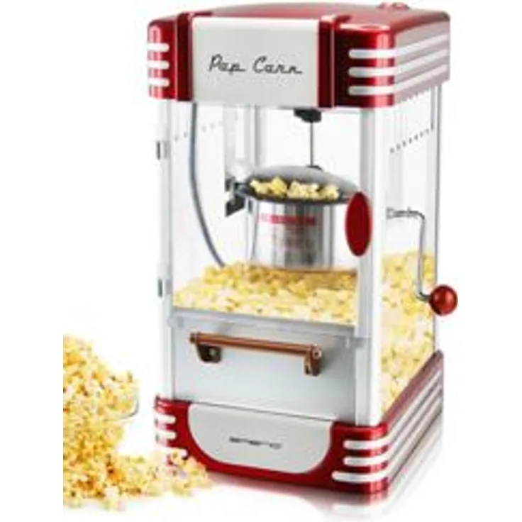 Emerio POM-120650 Popcornmaschine im Retro Design, antihaftbeschichtet, 50g Fassungsvermögen, Innenbeleuchtung, Edelstahl, Kunststoff, rot, silber