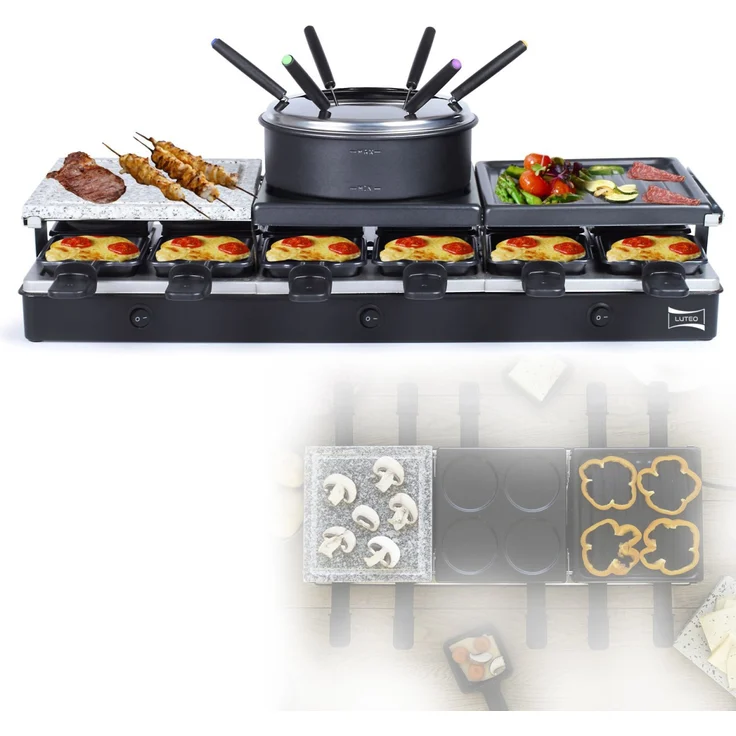 Luteo MRG1013 3in1 Raclette Grill Fondue, für 12 Personen, 1650 Watt, regelbares Thermostat, antihaftbeschichtet, inkl. 12 Pfännchen, 12 Holzspachtel, 12 Fonduegabeln, schwarz