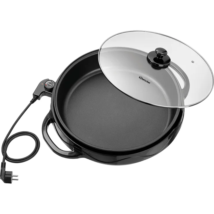 Bartscher 37cm rund Multipfanne, elektrische Bratpfanne, 7 Liter, Drehregler, inkl. Glasdeckel, Aluminium, Kunststoff