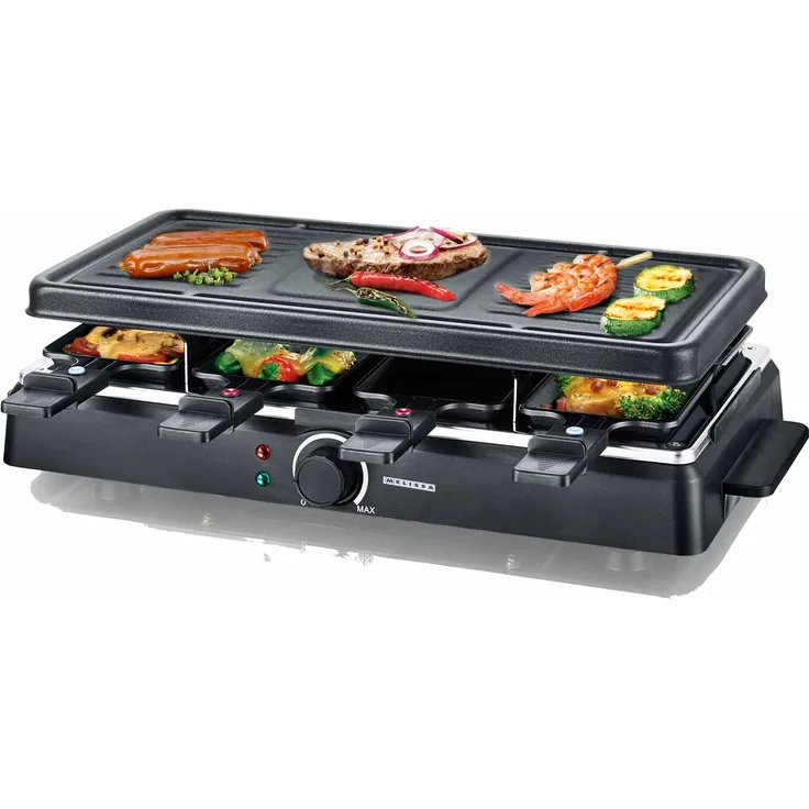 Melissa 16300026 Raclette mit Grillplatte, 1200W, für 8 Personen, Thermostat, 42 x 21 cm Grillfläche, regelbare Tepmperatureinstellung, schwarz