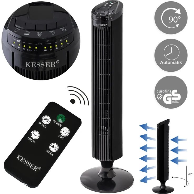 Kesser Turmventilator FERNBEDIENUNG Ventilator LED Display Standventilator Klimaanlage Schwarz