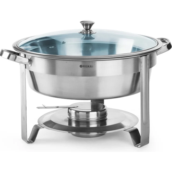 Hendi 470619 Chafing Dish Warmhalteplatte, rund, 3,5L, Ø 390 x 270 mm, inkl. Glasdeckel
