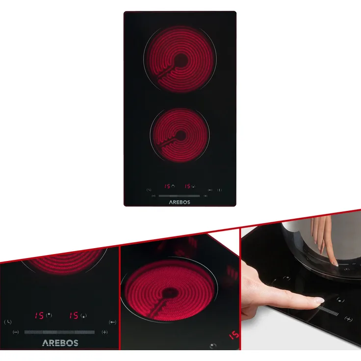 AREBOS Glaskeramikkochfeld autark Kochfeld Sensor Touch 2 Platten 3000 W Schwarz