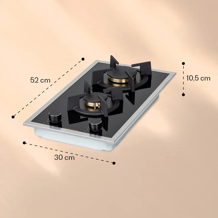 Klarstein Goldflame Domino Prime Gaskochfeld , 2-flammig Messing-Brenner , 4,2 kW,  Glaskeramik , inklusive Schlauch und Druckminderer – Bild 7