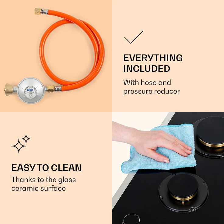 Klarstein Goldflame Domino Prime Gaskochfeld , 2-flammig Messing-Brenner , 4,2 kW,  Glaskeramik , inklusive Schlauch und Druckminderer – Bild 6