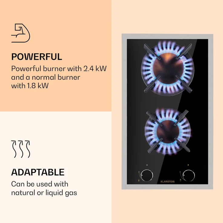 Klarstein Goldflame Domino Prime Gaskochfeld , 2-flammig Messing-Brenner , 4,2 kW,  Glaskeramik , inklusive Schlauch und Druckminderer – Bild 4