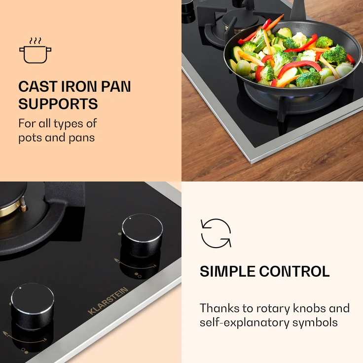 Klarstein Goldflame Domino Prime Gaskochfeld , 2-flammig Messing-Brenner , 4,2 kW,  Glaskeramik , inklusive Schlauch und Druckminderer – Bild 3